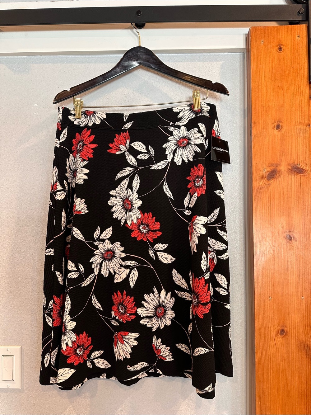 Liz Claiborne Black Skater Skirt with Red & White Floral Print